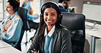 Portrait, woman and agent with headset in call center for customer service, assistance and help desk. Smile, female person and coworking with ambition, contact us and consultant for technical support