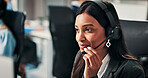 Headset, business and woman in call center for help desk, banking support or coworking. Smile, listening and consultant with microphone for customer service, account feedback and financial loan