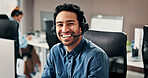 Portrait, man and happy with headset in call center for customer service, assistance and help desk. Smile, male advisor and coworking with computer, contact us and representative of technical support