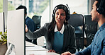 Business woman, consultant and coaching with headset in call center for communication or support. Female person, agent or talking with colleague for virtual assistance, web help or advice on computer