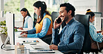 Computer, journalist or man in office with phone call for news report investigation, article and plan. Happy person, writer and coworking with tech for contact, fact checking story or gathering info.