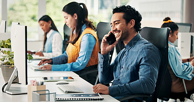 Buy stock photo Computer, journalist or man in office with phone call for news report investigation, article and plan. Happy person, writer and coworking with tech for contact, fact checking story or gathering info.