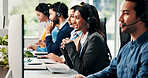 Virtual assistant, people and woman with technology in call center, customer support and communication. Troubleshooting, online advice and help desk agent consulting with client, headset and computer