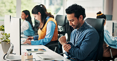 Buy stock photo Computer, business man or wrist pain in office from article editing, deadline pressure or workload. Coworking, journalist or joint tension at publishing agency from carpal tunnel, news report or ache