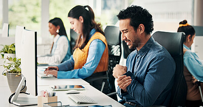 Buy stock photo Computer, man and stress with wrist pain in office from article editing, story deadline or workload. Coworking, journalist or joint strain at publishing agency from carpal tunnel, news report or ache