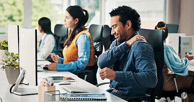 Buy stock photo Computer, business man or shoulder pain in office with muscle fatigue, article pressure or workload. Coworking, journalist or joint ache at publishing agency from poor posture or overworked on story