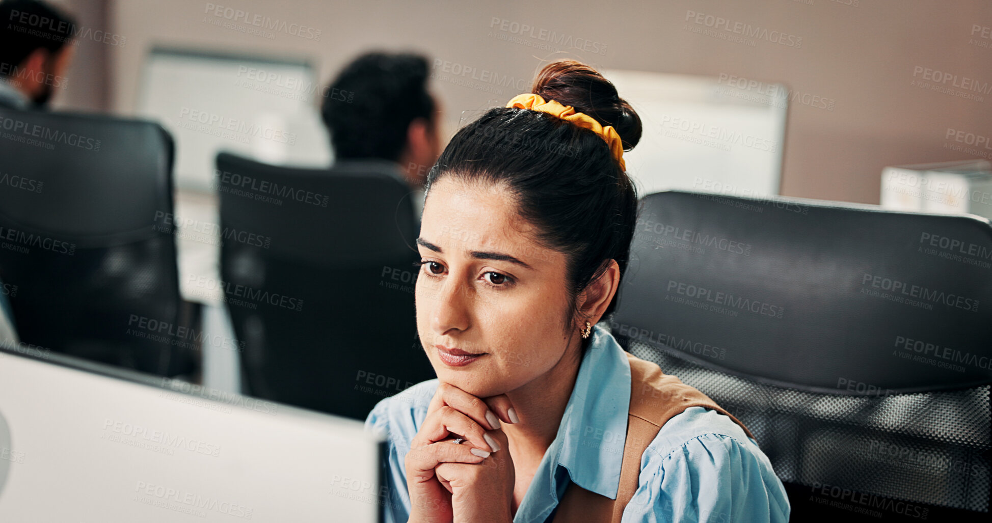 Buy stock photo Anxious, trading or woman in office with computer, crypto check or technical glitch on investment platform. Worry, coworking or broker in agency with desktop, account monitor or risk in stock market.