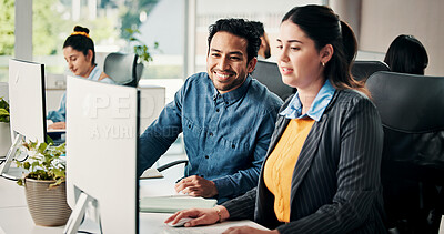 Buy stock photo Office, talking and business people on computer for meeting, seo review and online project. Coworking, startup team and workers on tech for kpi research, marketing campaign or planning for feedback