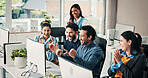 Business people, team and applause with win at computer for campaign success, positive feedback and fist pump. Coworking, happy employees and online announcement for marketing project achievement