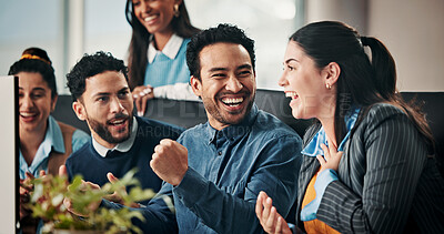 Buy stock photo Business people, excited and fist pump in celebration for meeting and teamwork in office. Group of happy employees, surprise and success for goals, achievement or company promotion at workplace
