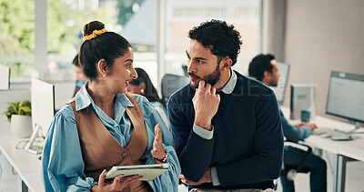 Buy stock photo Business, people and advice with tablet in office for story ideas, article feedback and guidance. Journalist, editor and tech at coworking agency for fact checking update, creative tips and teamwork