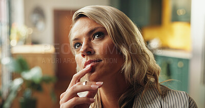 Buy stock photo Thinking, planning and woman in home for relax, reflection and calm in morning on weekend. Memory, dreaming and female person in living room for break with decision, choice or ideas in apartment.