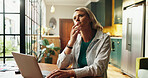 Woman, thinking and decision in home with laptop for job opportunity, remote work or career development. Computer, person and contemplation in house with freelance employment choice, vision and idea.
