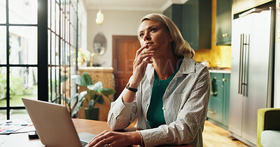 Buy stock photo Woman, thinking and decision in home with laptop for job opportunity, remote work or career development. Computer, person and contemplation in house with freelance employment choice, vision and idea.