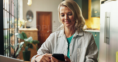 Buy stock photo Woman, reading and smile with phone for project draft, editing article and creative process in home. Remote work, freelancer and tech or laptop for proofreading with website editor or web blog post