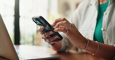 Buy stock photo Phone, laptop and hands of woman in home for planning, project proposal and research. Online feedback, remote work timeline and digital report with person in apartment for email, review and contact