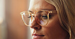 Glasses, optometry and vision with woman in home for healthcare or prescription frame lenses. Eyesight, eyewear and ophthalmology with person closeup in apartment for optical or visual correction 