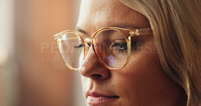 Buy stock photo Glasses, optometry and vision with woman in home for healthcare or prescription frame lenses. Eyesight, eyewear and ophthalmology with person closeup in apartment for optical or visual correction 