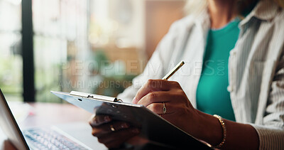 Buy stock photo Woman, laptop and hands with clipboard for project draft, editing article and creative process in home. Remote work, freelance writer and tech for proofreading with document or blog post feedback