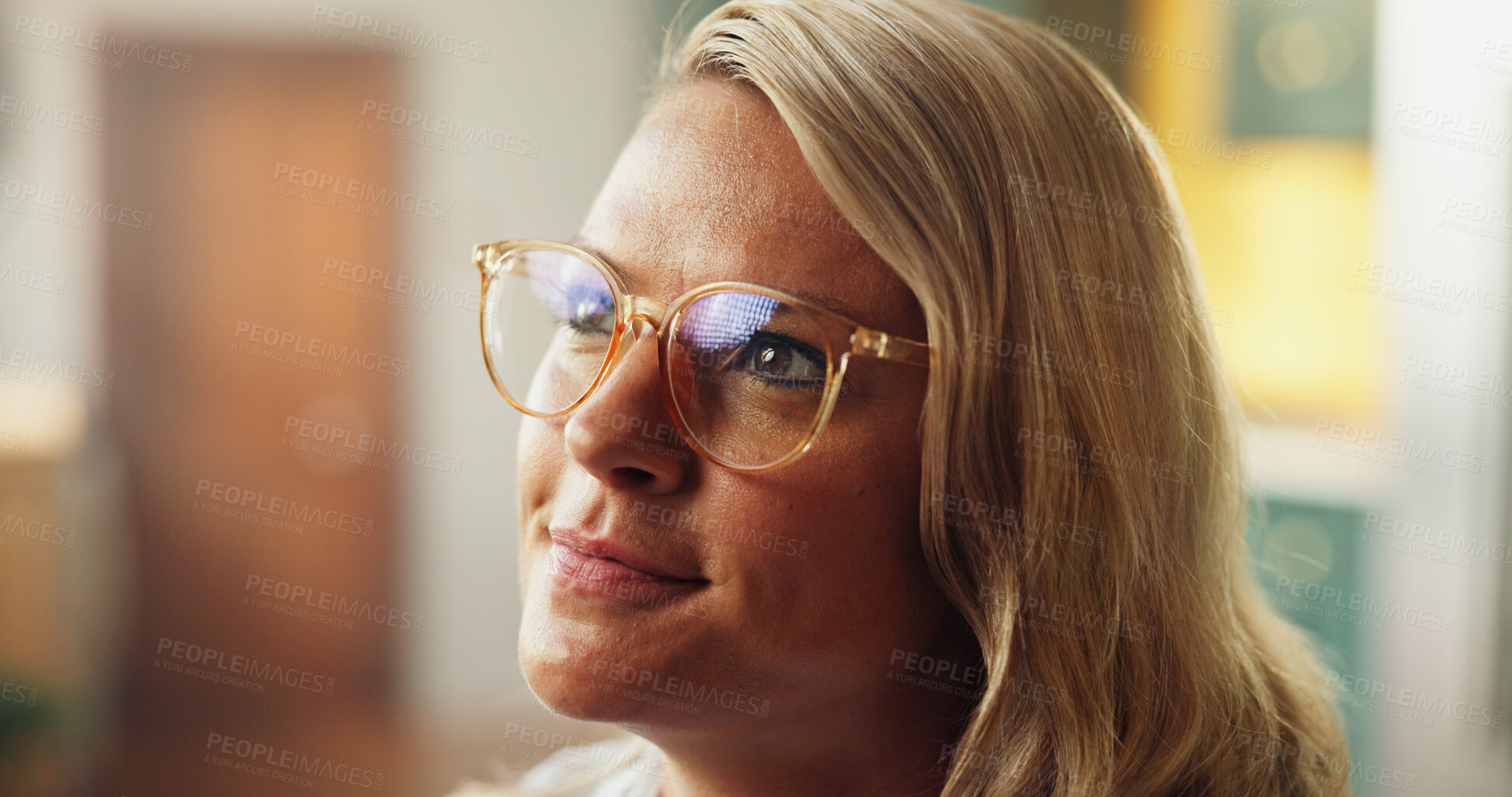 Buy stock photo Woman, thinking and vision in home with smile for job opportunity, remote work and career development. Happy person, reflection and contemplation with glasses, freelance employment idea and choice.