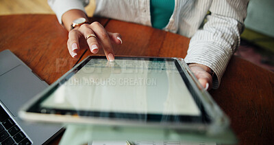 Buy stock photo Tablet, typing and hands of woman in home for planning, project proposal and research. Online feedback, remote work timeline and digital report with person in apartment for email, review and app