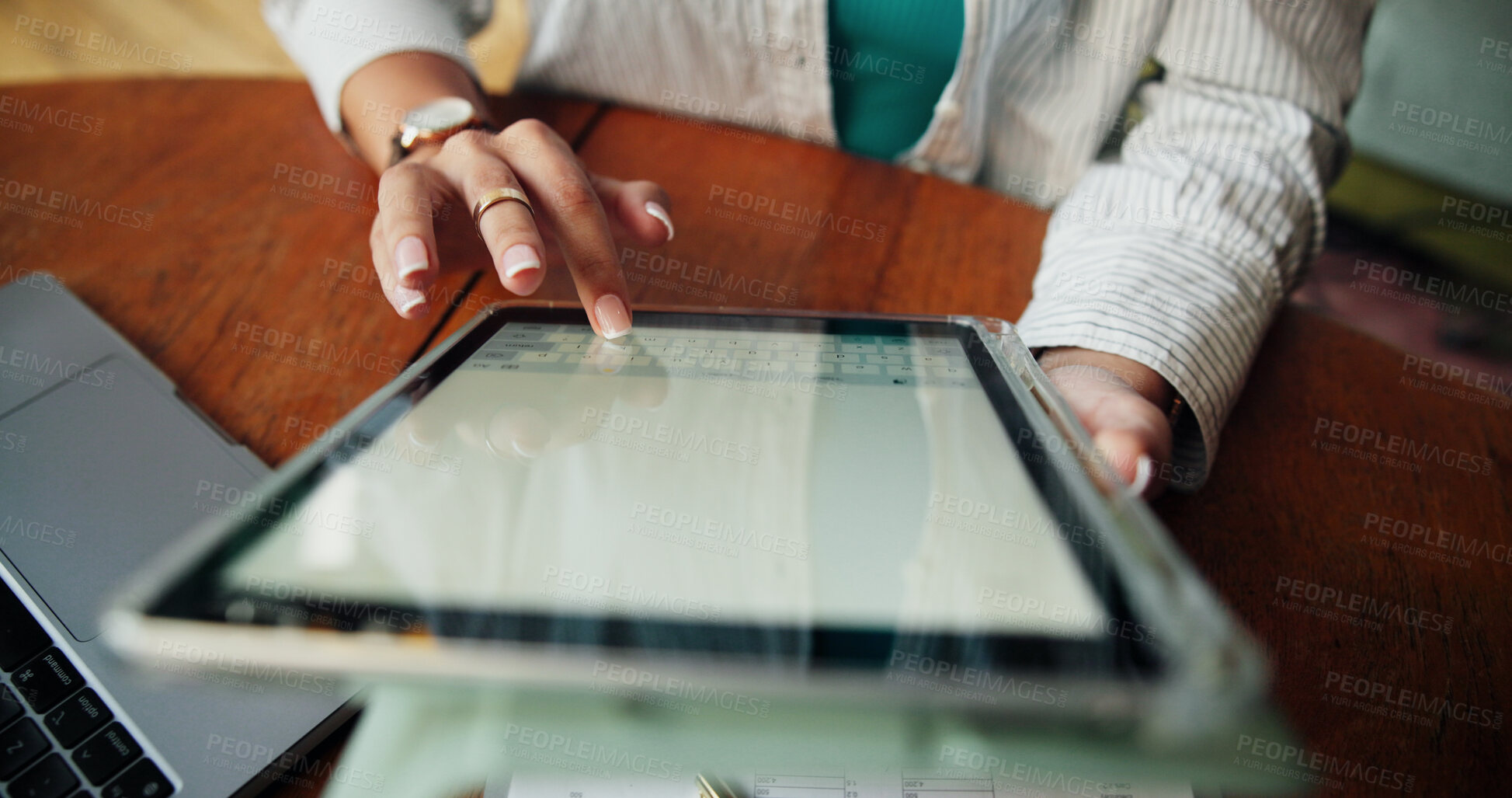 Buy stock photo Tablet, typing and hands of woman in home for planning, project proposal and research. Online feedback, remote work timeline and digital report with person in apartment for email, review and app