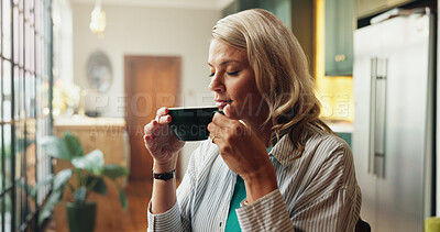 Buy stock photo Coffee, thinking and woman in home in morning for calm, peace and relax on weekend in living room. Memory, ideas and female person smelling caffeine aroma for break with reflection in apartment.