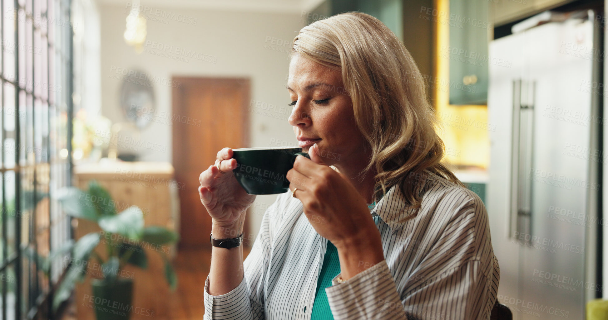 Buy stock photo Coffee, thinking and woman in home in morning for calm, peace and relax on weekend in living room. Memory, ideas and female person smelling caffeine aroma for break with reflection in apartment.