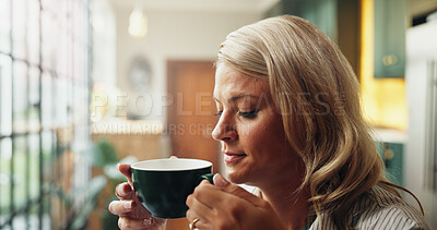 Buy stock photo Coffee, smile and woman in home in morning for calm, peace and relax on weekend in living room. Memory, thinking and female person drinking warm beverage for break with reflection in apartment.