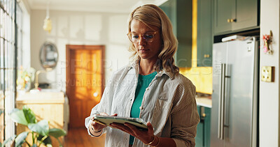 Buy stock photo Typing, tablet and freelancer or woman in home for planning, project proposal and research. Online feedback, remote work timeline and digital report with person in apartment for email and review