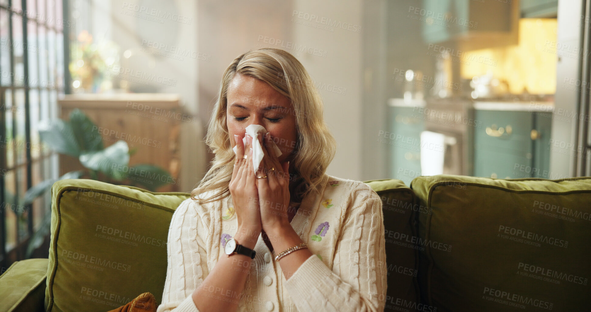 Buy stock photo Sick, woman and blowing nose in home with tissue for influenza, health problem or virus symptoms. Female person, allergies or illness in house with toilet paper for hayfever, cold or sinus infection.