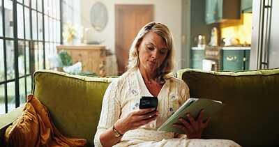 Buy stock photo Phone, tablet and typing with woman on sofa in living room of home to search for holiday review. App, reading and text message with person in apartment for online booking of vacation accommodation