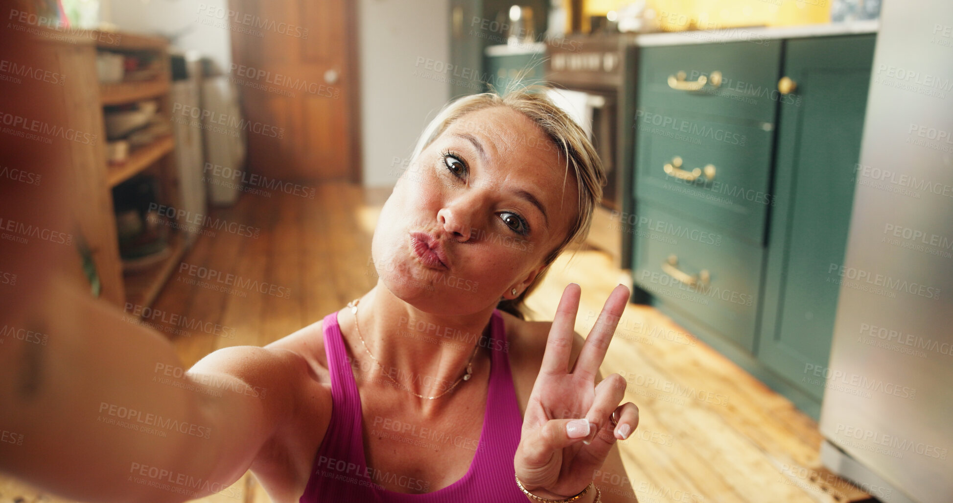 Buy stock photo Woman, fitness and selfie with peace sign, home and happy with pout, portrait or post on web. Person, exercise and influencer with symbol, photography or profile picture for social media in Spain