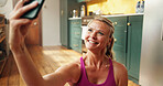 Woman, fitness and selfie with smile, home and app on floor, excited or post on web in morning. Person, exercise and influencer for photography, happy and profile picture on social media at house