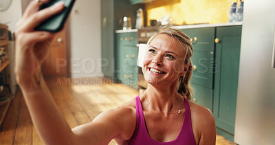 Buy stock photo Woman, fitness and selfie with smile, home and app on floor, excited or post on web in morning. Person, exercise and influencer for photography, happy and profile picture on social media at house