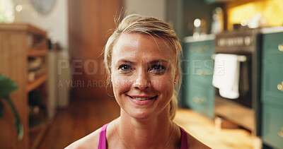 Buy stock photo Home, portrait and happy woman with fitness, relax and warm up with morning routine. Apartment, athlete and healthy person with break, exercise and workout with training, start day and resting