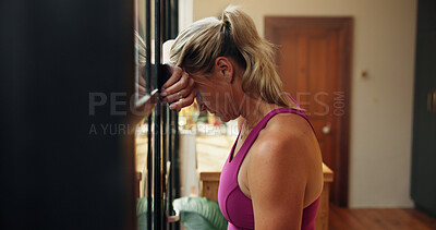 Buy stock photo Burnout, fitness and resting with woman in home for pilates, training or workout fatigue. Exercise, overworked and recovery with tired person in apartment for break, exhaustion or health challenge