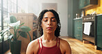 Yoga, breathe or woman at home with sitting, meditation or holistic approach in body wellness. Flare, peace or female person on floor with chakra healing, zen or mindfulness in indoor practice.