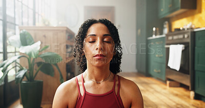Buy stock photo Yoga, breathe or woman at home with meditation, mindset or holistic approach in wellness. Spiritual, peace or female person on floor with chakra healing, zen or mindfulness in indoor practice.