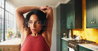 Buy stock photo Home, stretching and woman with fitness, exercise and wellness with routine. Apartment, morning and healthy person with warm up, workout and pilates with holistic training, pain relief or flexibility
