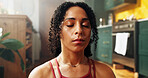 Yoga, breathe or woman in house with eyes closed, meditation or holistic approach in body wellness. Relax, peace or female person on floor with chakra healing, zen or mindfulness in indoor practice.
