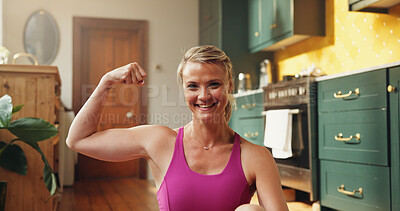 Buy stock photo Woman, fitness and flex bicep in home, portrait and smile with confidence for muscle growth in morning. Person, bodybuilder and happy for results, change or pride for healthy body at house in USA