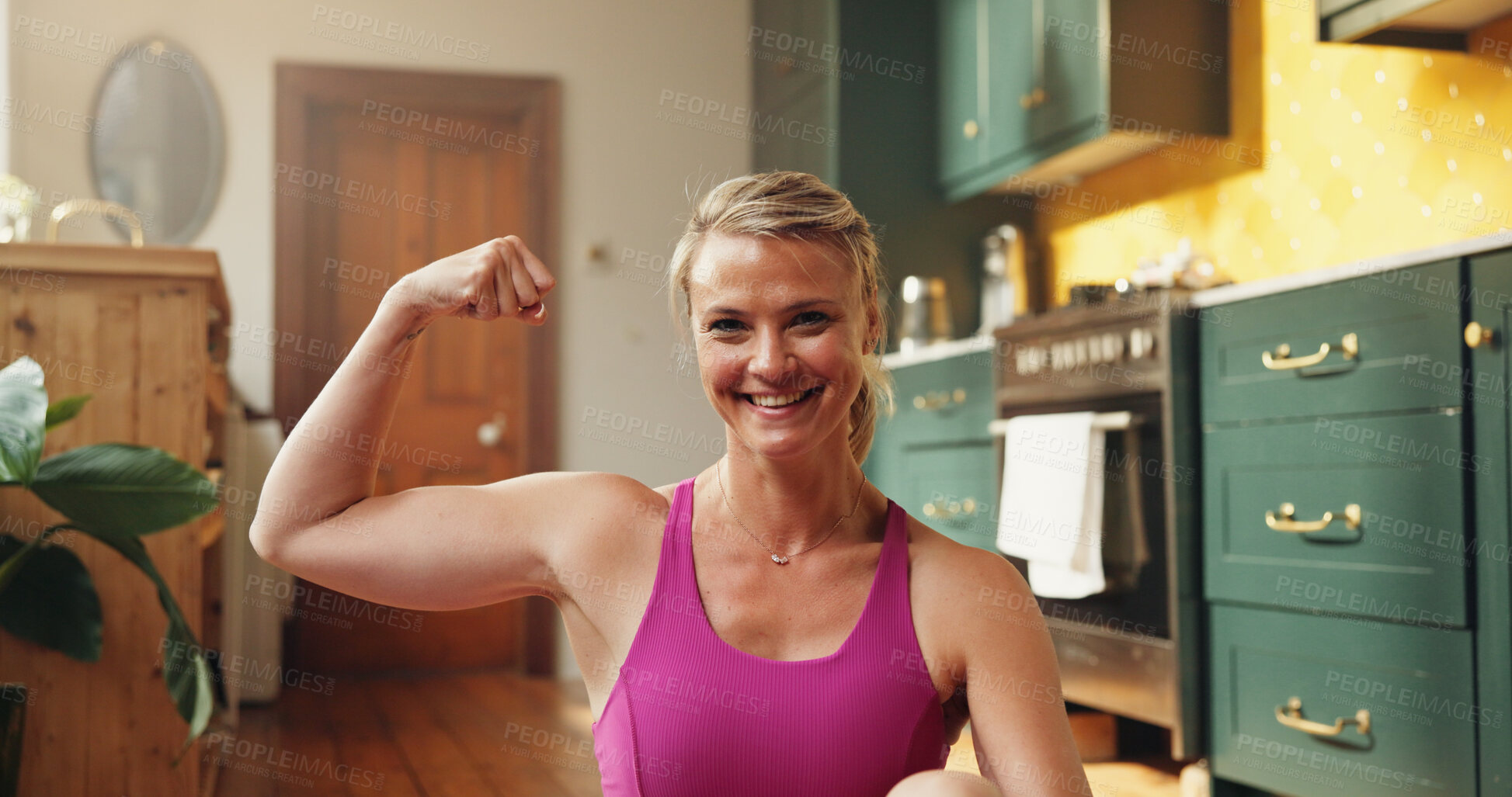 Buy stock photo Woman, fitness and flex bicep in home, portrait and smile with confidence for muscle growth in morning. Person, bodybuilder and happy for results, change or pride for healthy body at house in USA