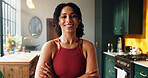 Happy woman, portrait and kitchen with confidence for fitness, health or wellness in home. Face, active or female person with smile or arms crossed for indoor exercise, yoga or training in house