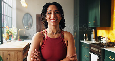 Buy stock photo Happy woman, portrait and kitchen with confidence for fitness, health or wellness in home. Active, female person or pride with smile or arms crossed for indoor exercise, yoga or training in house