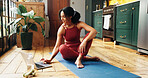 Happy woman, yoga and online tutorial with laptop in home for exercise, wellness or health tips. Active, female person or user with computer on mat for virtual class, stream or fitness guide in house