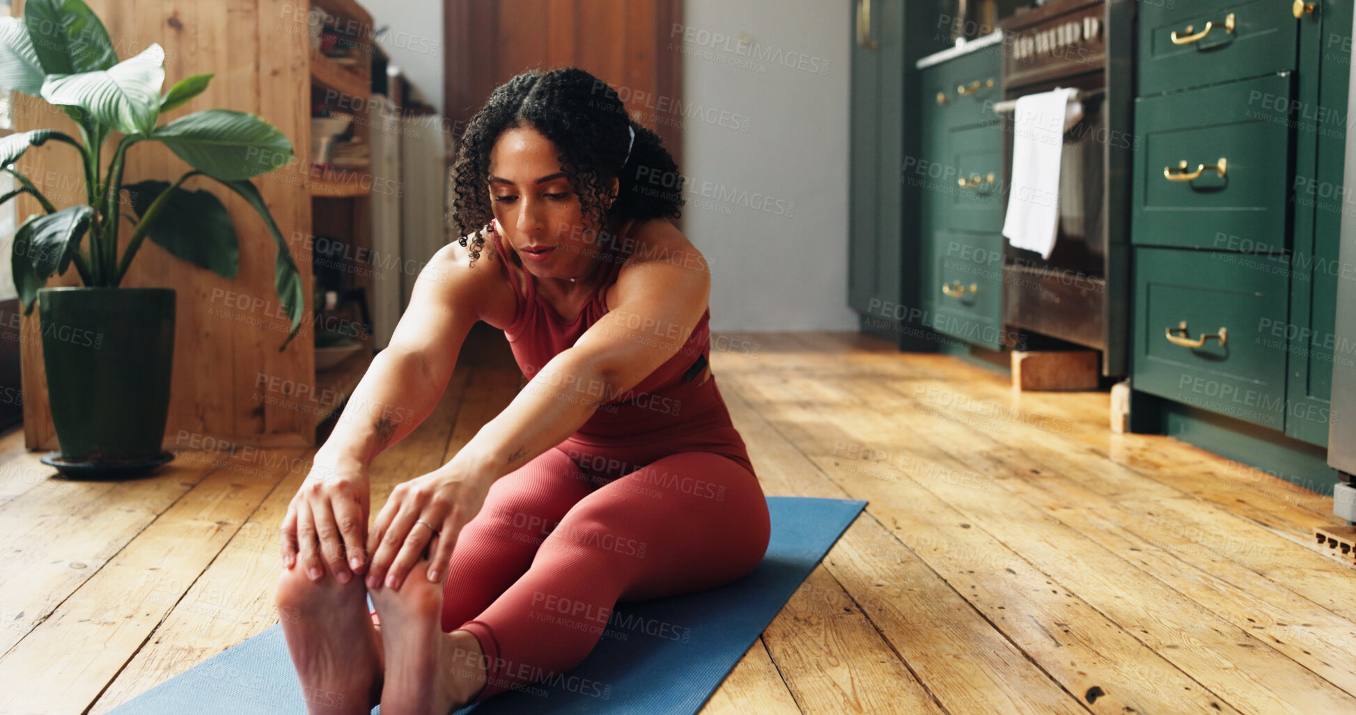 Buy stock photo Home, stretching and woman with fitness, relax and wellness with holistic training. Exercise, morning and healthy person with warm up, routine and yoga with stress relief, calm and flexibility
