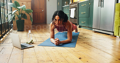 Buy stock photo Woman, fitness and plank with laptop for online tutorial, exercise or health tips in home. Active, female person or position with computer on mat for virtual class, pilates or yoga guide in house