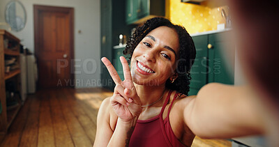 Buy stock photo Happy woman, portrait and fitness with peace sign or selfie for photography or picture in home. Face, active or female person with smile, emoji or capture moment for health and wellness in house