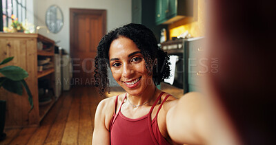 Buy stock photo Happy woman, portrait and fitness with selfie for photography, picture or post in home. Face, active or female person with smile or capture moment for physical exercise, health and wellness in house